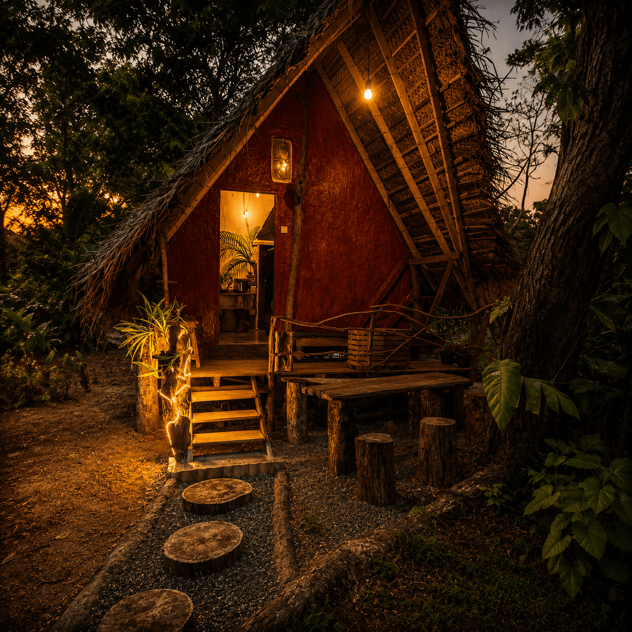 Spacious and rustic eco room with natural clay walls and large windows opening to the forest